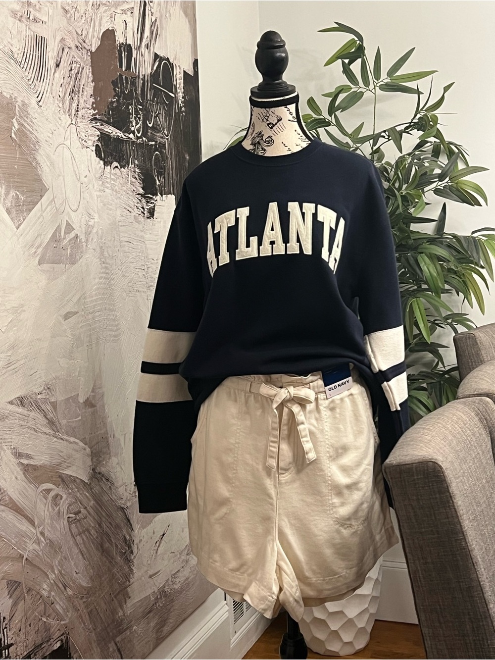 Atlanta Crewneck Sweatshirt - Navy with Cream Stripes
